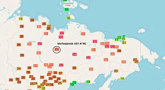 38 grados en Verkhoyansk mapa